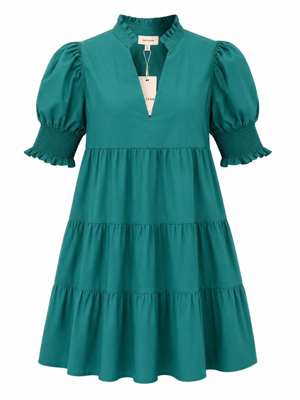 Teal Tiered Puff-Sleeve Mini Dress - Picture 2 of 3